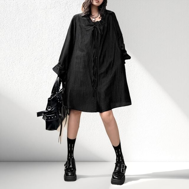 long sleeve v neck shift dress Chic Textured Velvet V Neck Shift Dress ModeShe