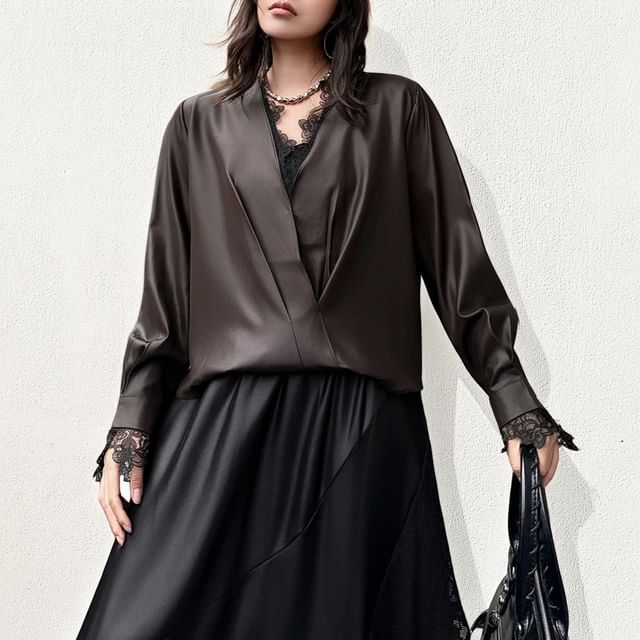 Kenning-Long-Sleeve V-Neck Satin Plain Blouse