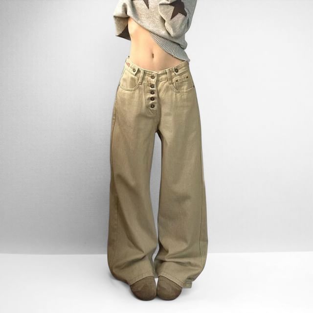 Kenning-Low Rise Washed Button Fly Wide Leg Jeans