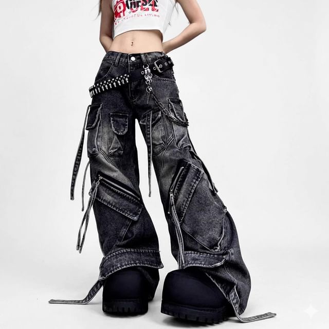 Kenning-Low Waist Wide Leg Cargo Jeans