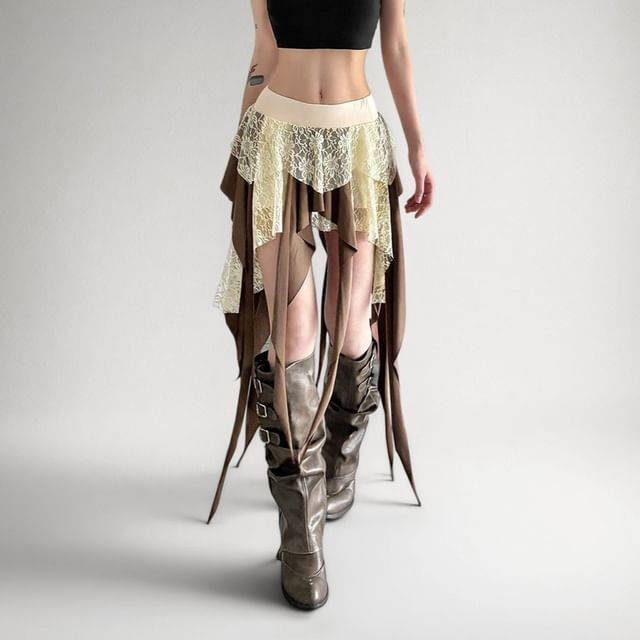 Kenning-Mid Rise Lace Panel Mini Tiered Skirt