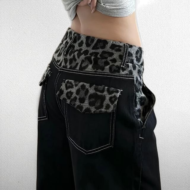 Kenning-Mid Rise Leopard Print Panel Wide Leg Jeans