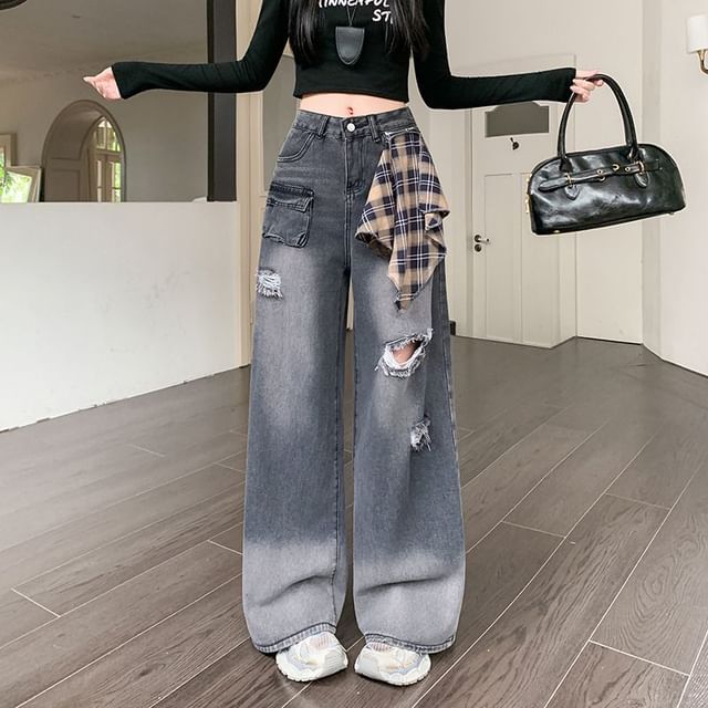 Kenning-Mid Rise Plaid Panel Washed Ripped Wide Leg Cargo Jeans