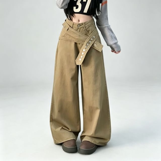 Kenning-Mid Rise Plain Belted Baggy Jeans