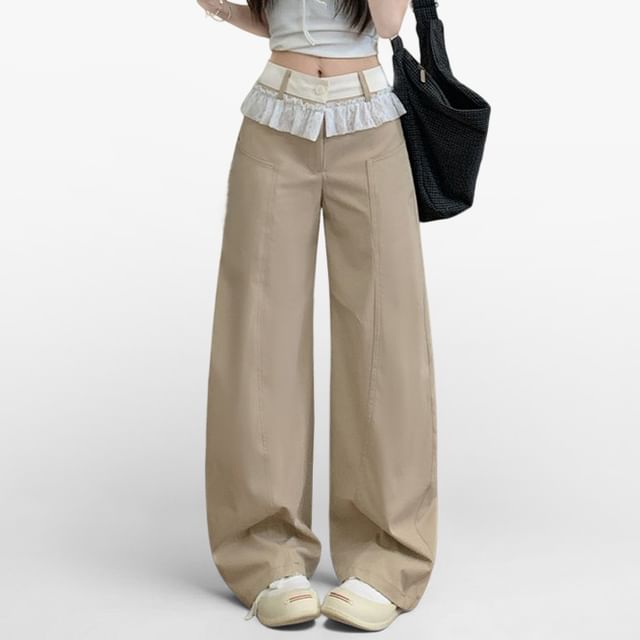 Kenning-Mid Rise Ruffle Panel Lace Baggy Pants