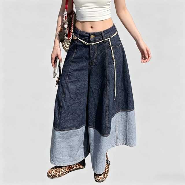 Kenning-Mid Rise Two Tone Wide Leg Jeans