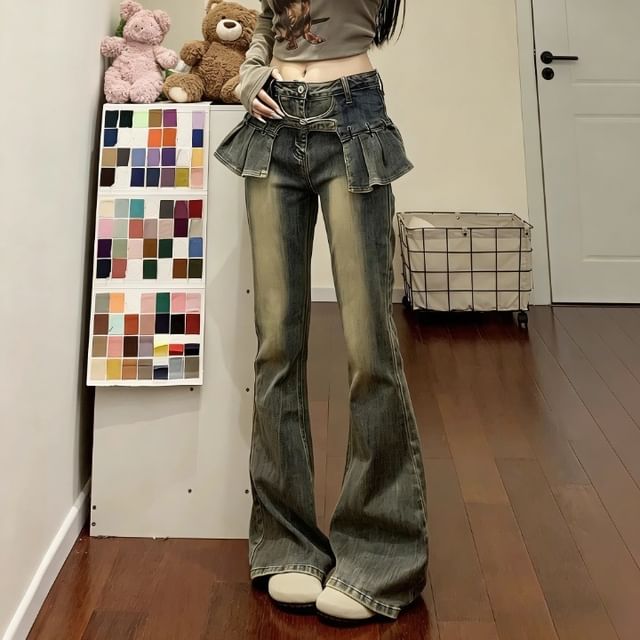 Kenning-Mid Rise Washed Ruffle Trim Flared Jeans