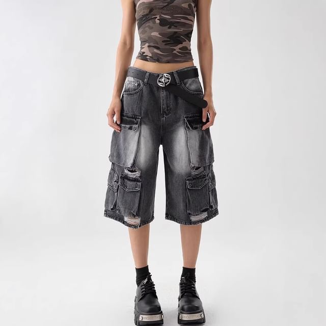 Kenning-Mid Rise Washed Wide Leg Cargo Jorts