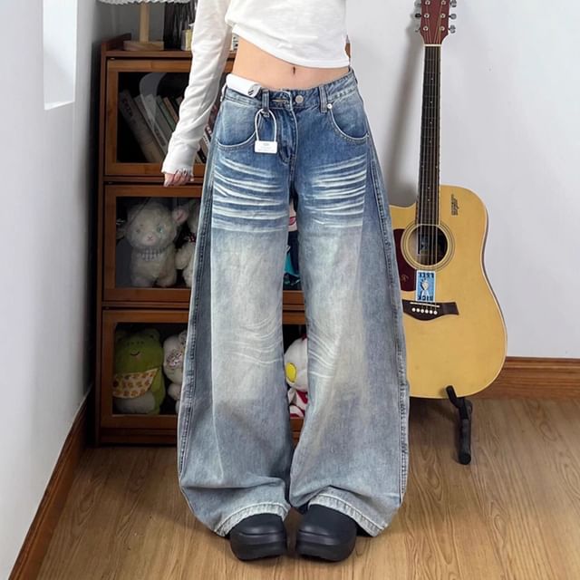 Kenning-Mid Rise Washed Wide Leg Jeans