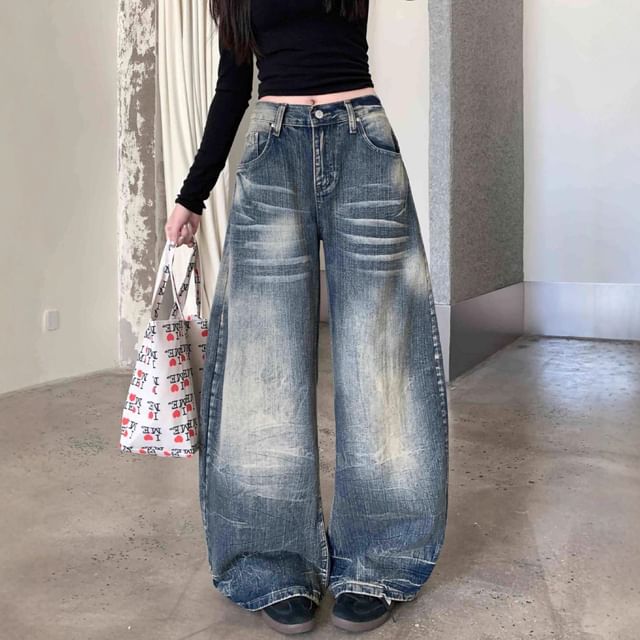 Kenning-Mid Rise Washed Wide Leg Jeans