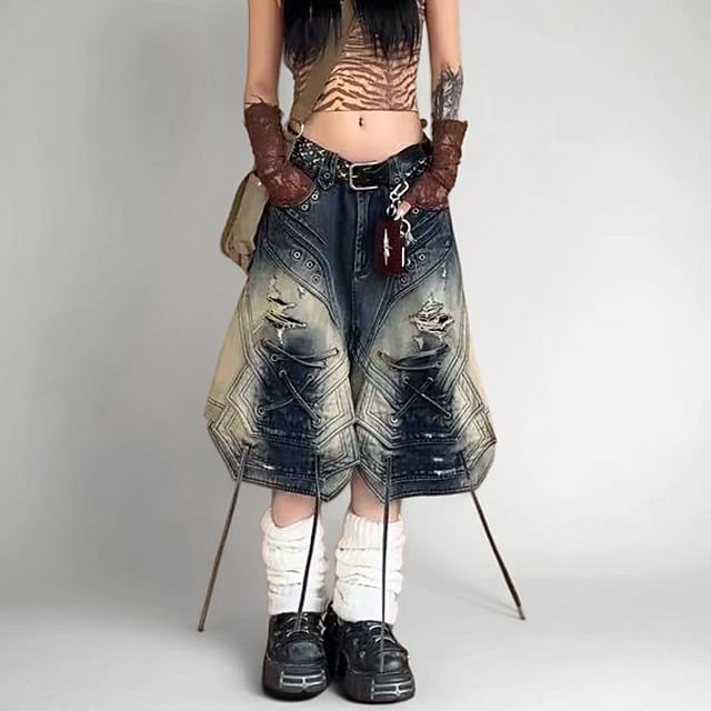 Kenning-Mid Rise Washed Wide Leg Jorts