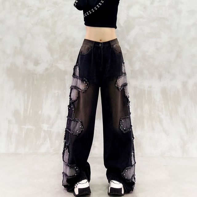 Kenning-Mid Waist Patchwork Fringed Washed Baggy Jeans