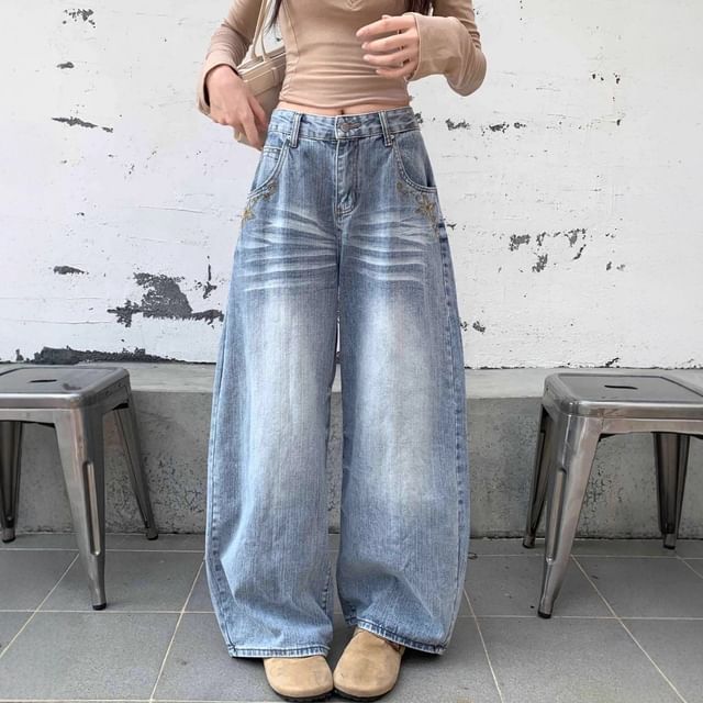 Kenning-Mid Waist Washed Baggy Jeans