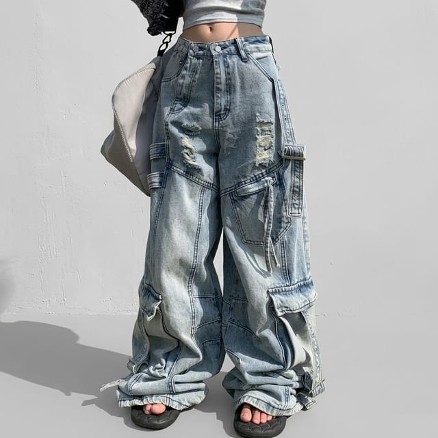 Kenning-Mid Waist Washed Cargo Baggy Jeans