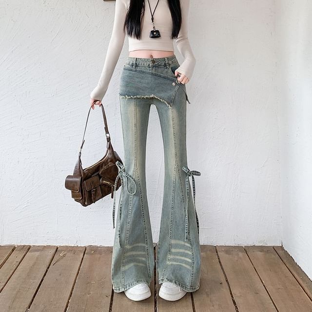 Kenning-Mid Waist Washed Skirt Overlay Flared Jeans