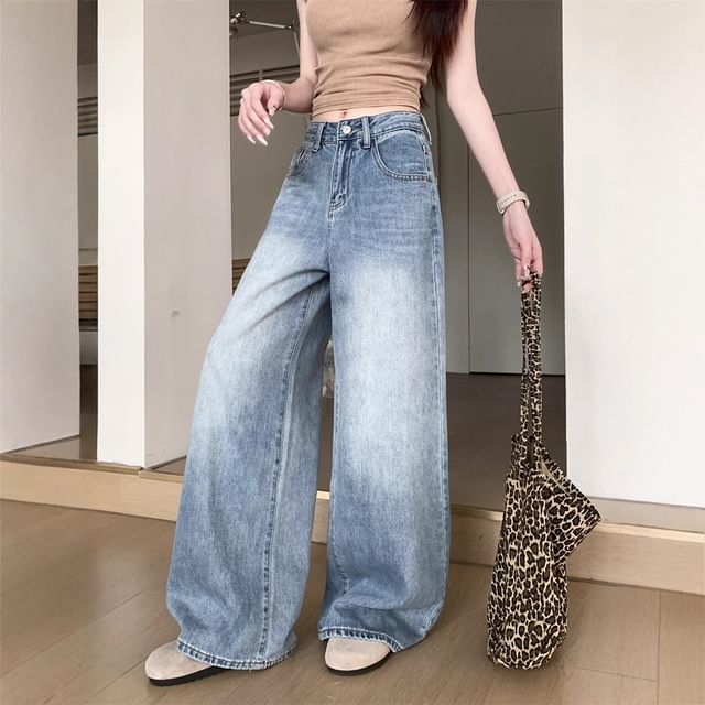Kenning-Mid Waist Washed Wide Leg Jeans