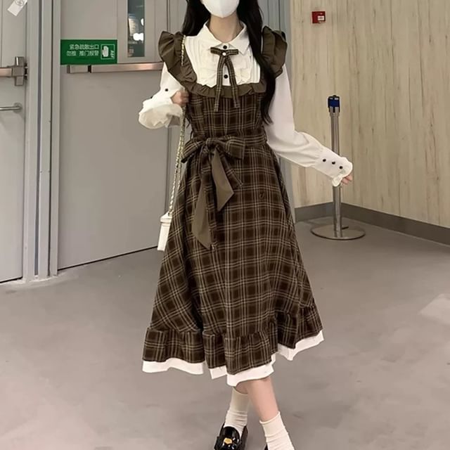 Kenning-Mock Two-Piece Long-Sleeve Collar Plaid Ruffle Trim Sashed Midi A-Line Dress