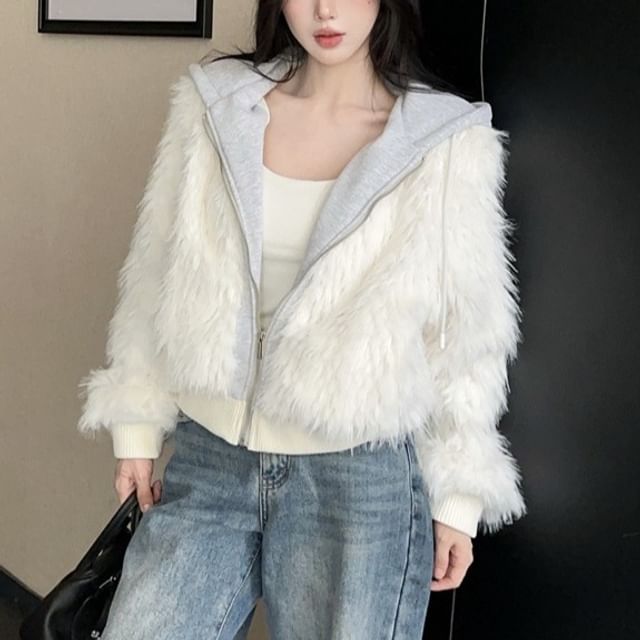 Kenning-Mock Two-Piece Two Tone Fluffy Panel Zip-Up Hoodie