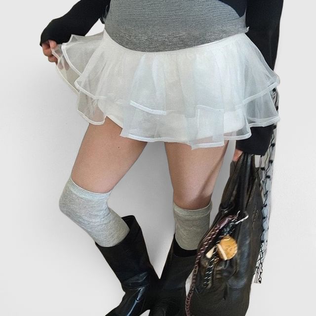 Kenning-Plain Ruffle Mesh Overlay Skirt