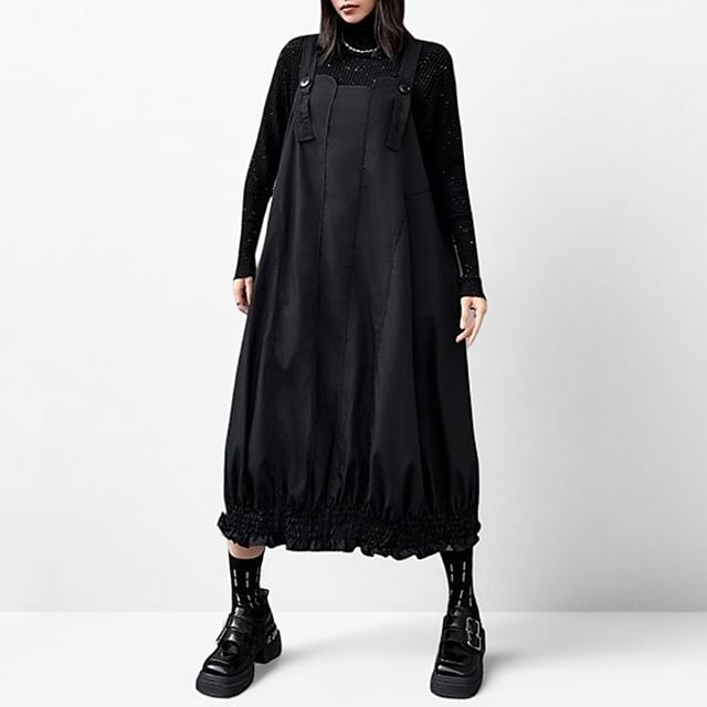 Kenning-Plain Ruffle Midi Cocoon Overall Dress