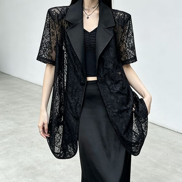 Kenning-Short-Sleeve Lapel Collar Lace Blazer