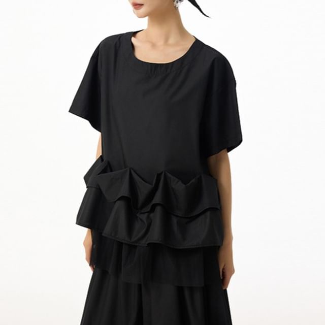 Kenning-Short Sleeve Round Neck Plain Ruffle Top
