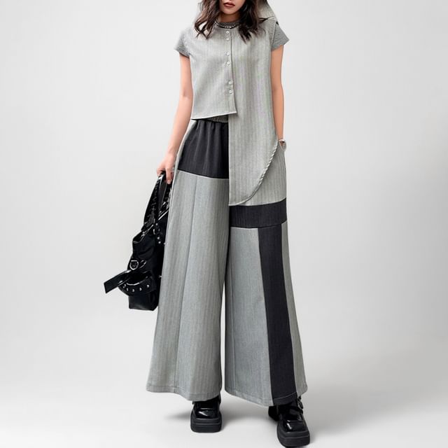 Kenning-Sleeveless Round Neck Striped Asymmetrical Button Top Elastic Waist Panel Wide Leg Pants