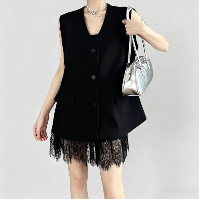 Kenning-Sleeveless V-Neck Plain Lace Trim Button Mini Shift Dress