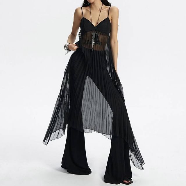 Kenning-Spaghetti Strap V-Neck Plain Pleated Sheer Midi Dress