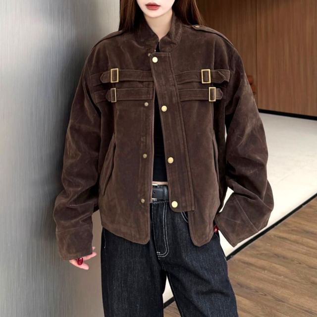 Kenning-Stand Collar Buckled Zip-Up Plain Jacket