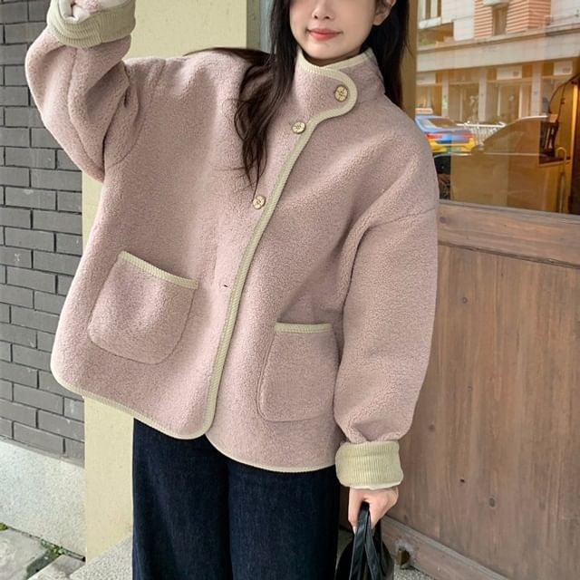 Kenning-Stand Collar Contrast Trim Fleece Button Jacket