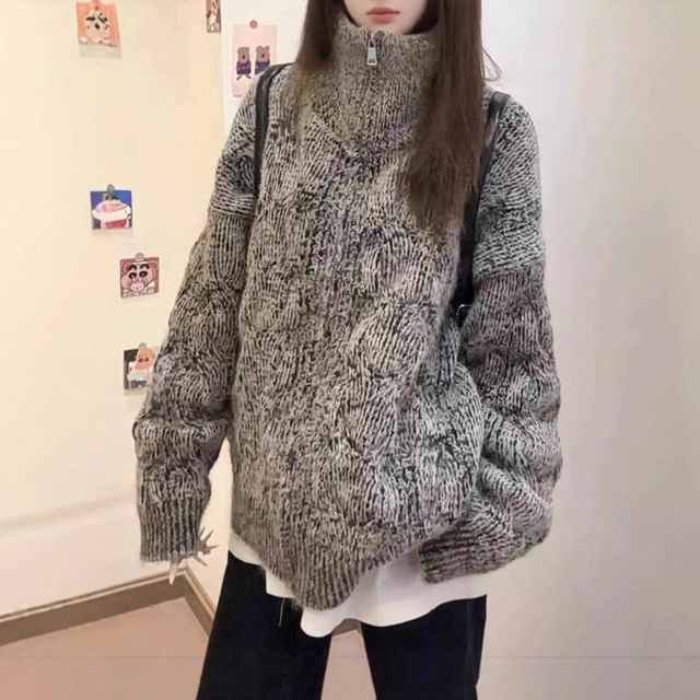 Kenning-Stand Collar Melange Zip Cardigan