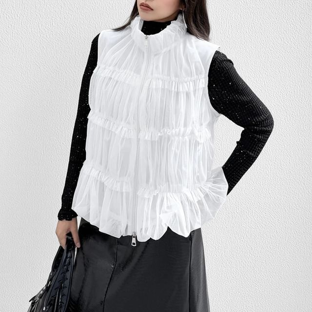 Kenning-Stand Collar Plain Ruched Mesh Zip Vest