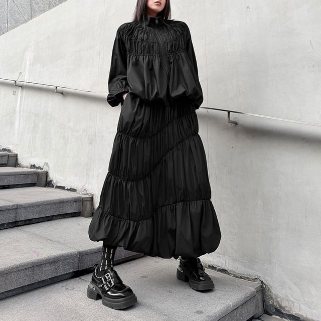 Kenning-Stand Collar Ruched Zip-Up Plain Jacket High Waist Bubble Hem Midi A-Line Skirt