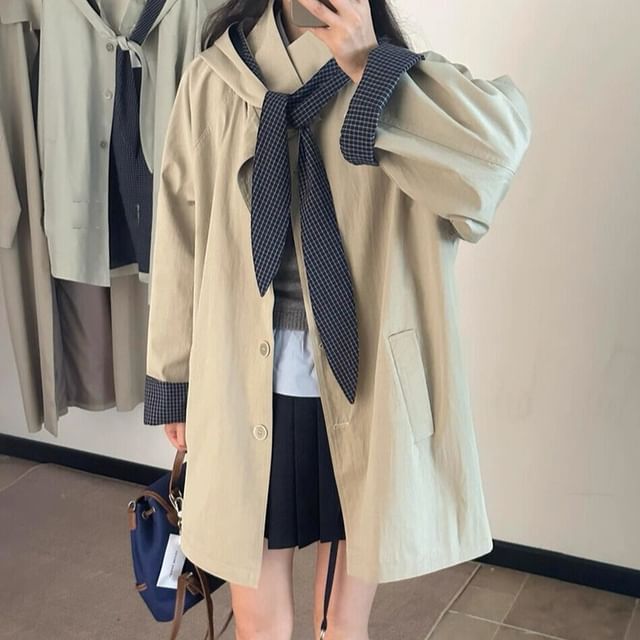 Kenning-Stand Collar Two Tone Hooded Button Jacket