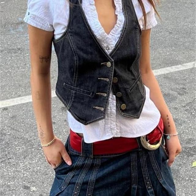 Kenning-V-Neck Asymmetrical Denim Single-Breasted Vest
