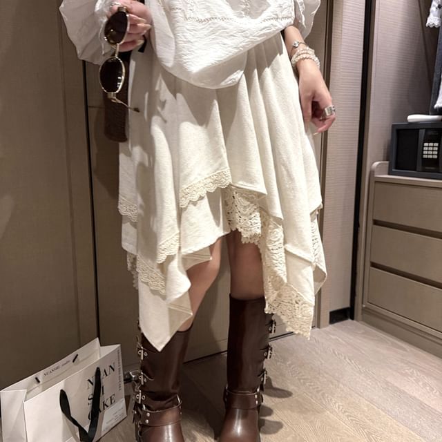 Kilopi - High Rise Plain Asymmetrical Lace Trim A-Line Skirt | YesStyle