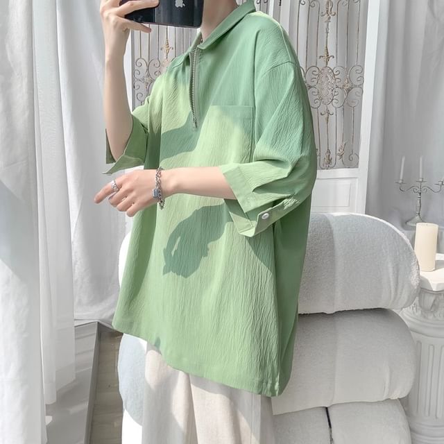 Kimeya-34-Sleeve Half Zip Plain Oversized Polo Shirt