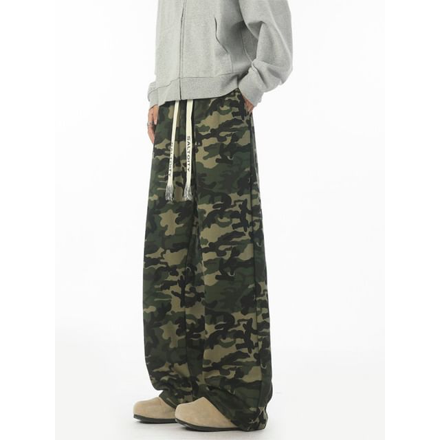 Kimeya-Drawstring Waist Camo Print Loose Fit Pants