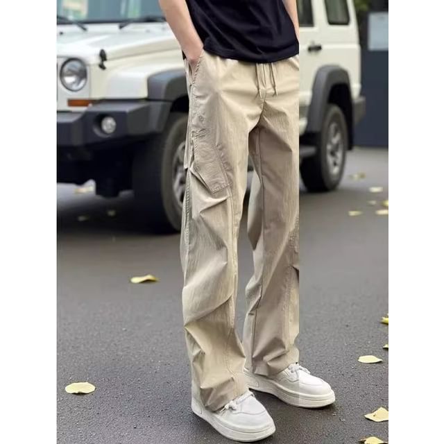Kimeya-Drawstring Waist Plain Straight Leg Cargo Pants