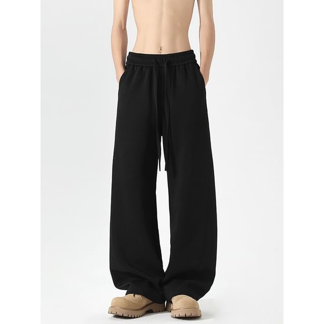 Kimeya-Drawstring Waist Plain Wide Leg Pants