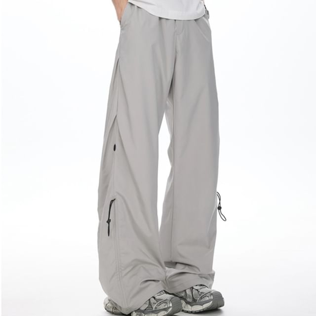 Kimeya-Elastic Waist Plain Drawstring Straight Leg Pants