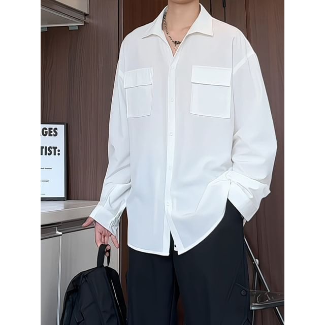 Kimeya-Long Sleeve Collared Plain Cargo Shirt