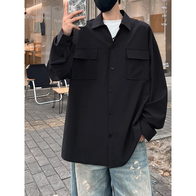 Kimeya-Long Sleeve Collared Plain Cargo Shirt