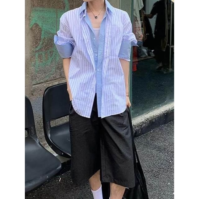 Kimeya-Long Sleeve Collared Striped Mock Two Piece Shirt