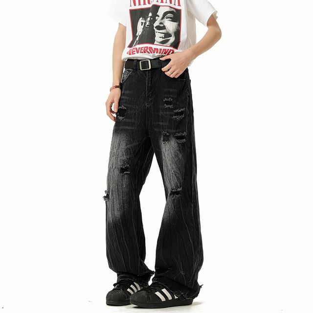 Kimeya-Mid Rise Washed Distressed Wide Leg Jeans