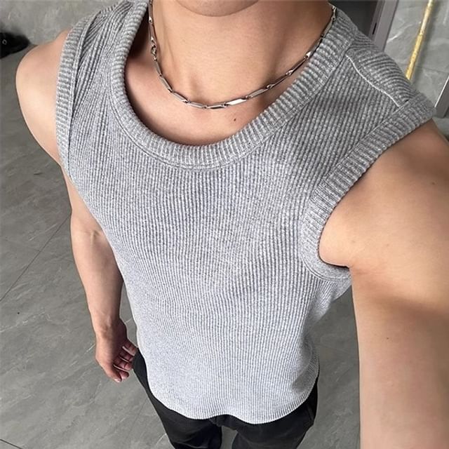Kimeya-Round Neck Plain Ribbed Tank Top