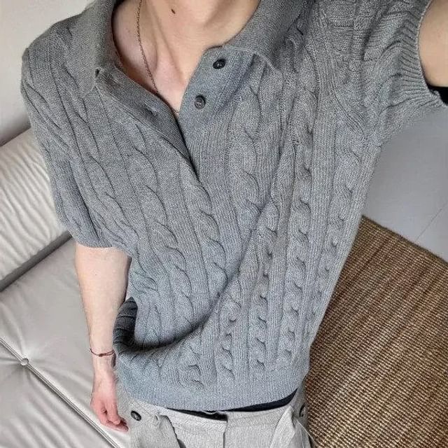 Kimeya-Short-Sleeve Collar Plain Cable-Knit Top
