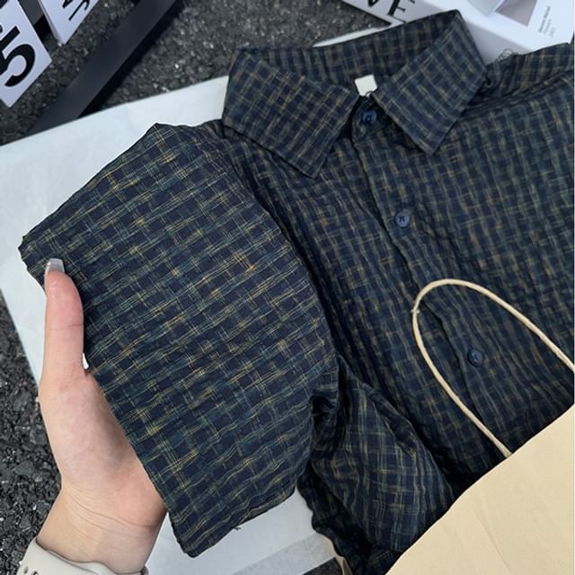 Kimeya-Short-Sleeve Collared Plaid Button Up Shirt