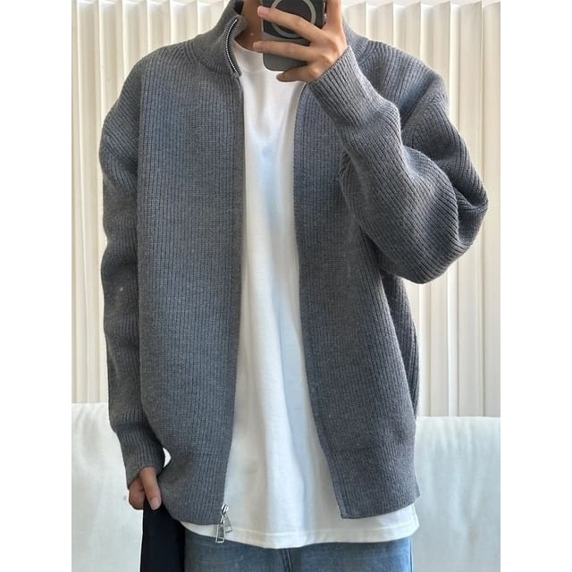 Kimeya-Stand Collar Plain Ribbed Zip Cardigan